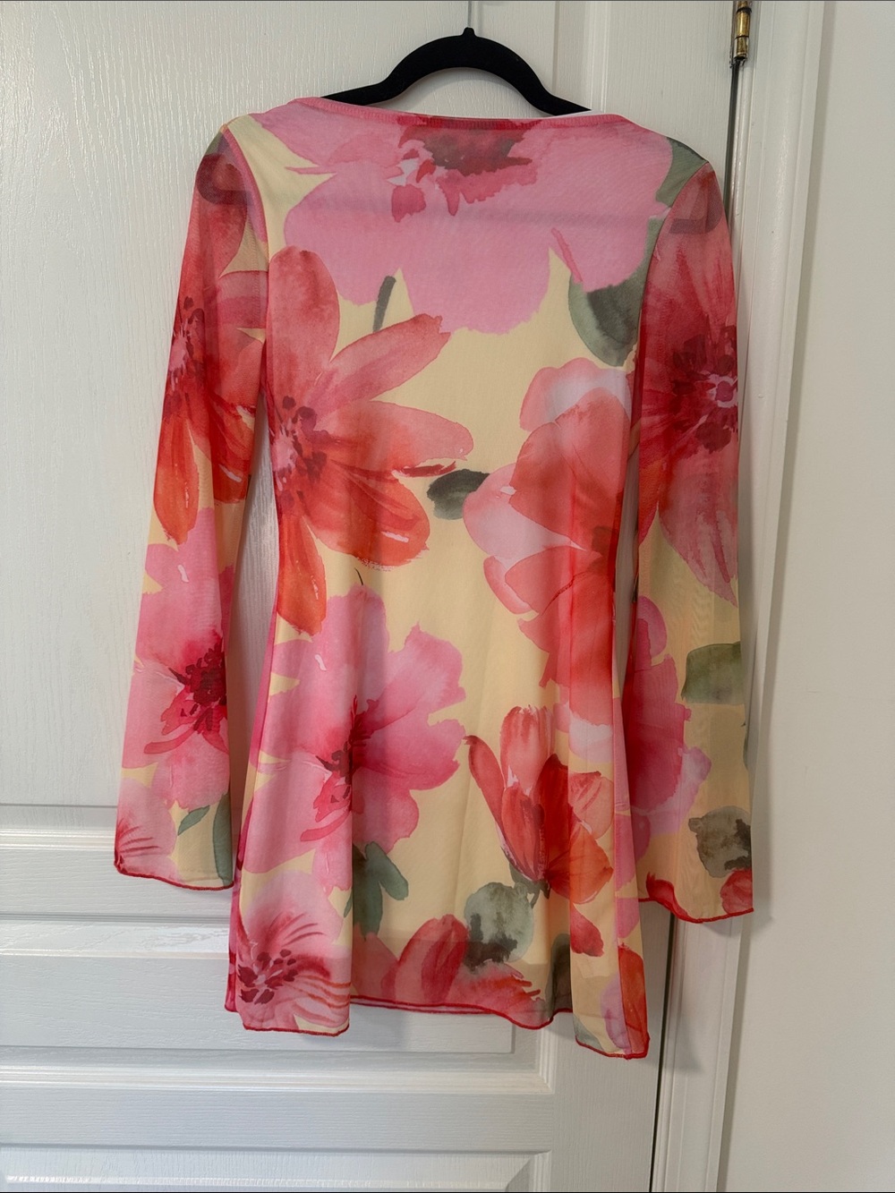 Floral Long-Sleeve Sheer Tunic Top - Pink/Red Floral